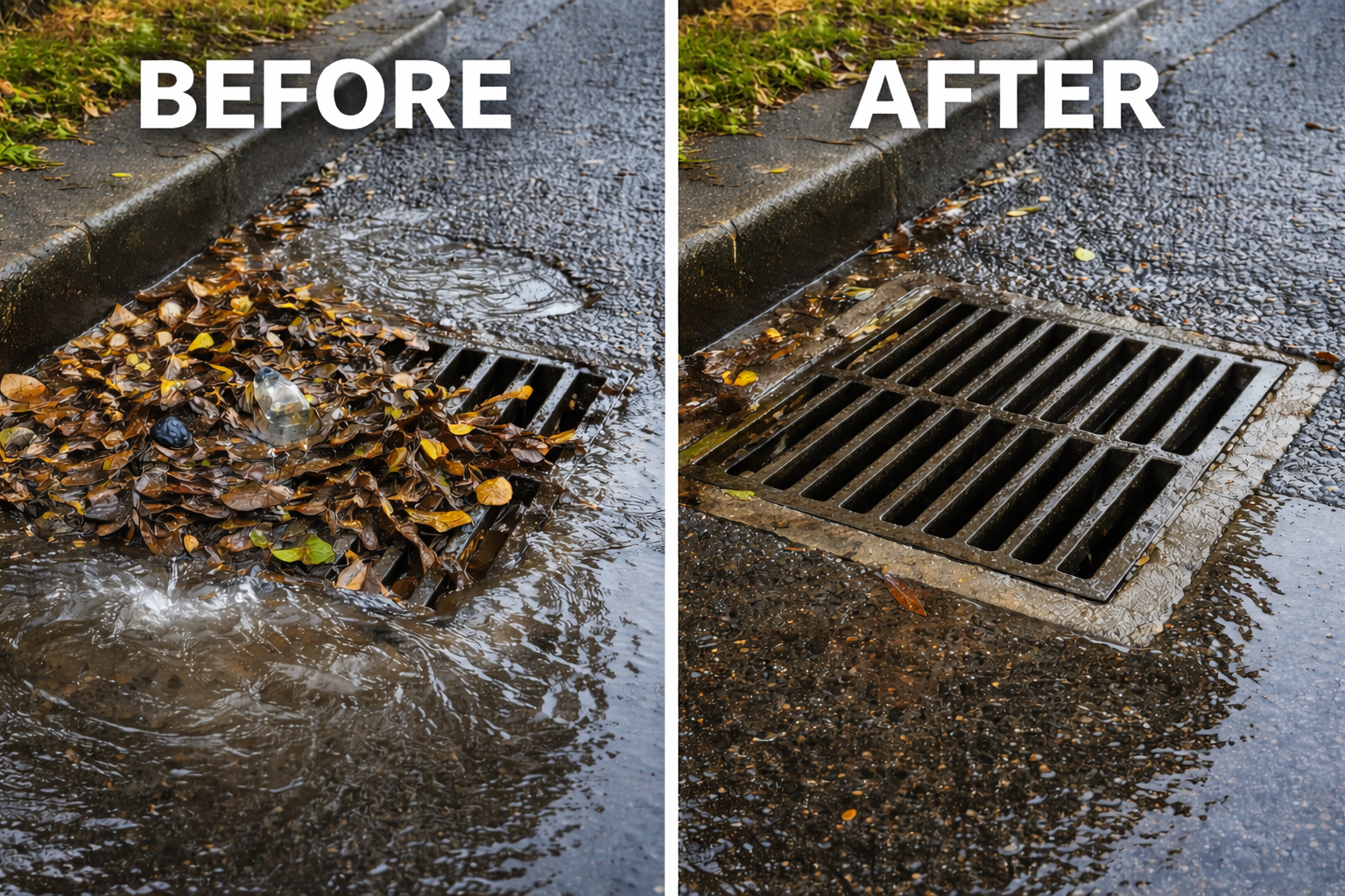 Drain grate clear of debri before and after Drain grate clear of debri before and after